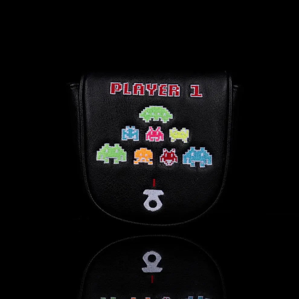 LAB Golf Player One Headcover featuring 'Player 1' text and colorful arcade alien graphics on black leather.
