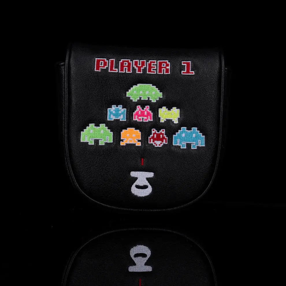 LAB Golf Player One Headcover with pixelated alien invaders and 'Player 1' text, ideal for golf club protection.