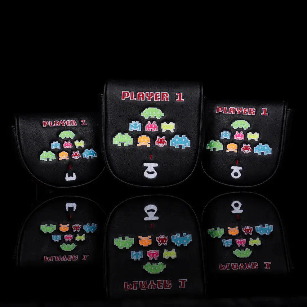 LAB Golf Player One Headcover set featuring retro arcade graphics and 'Player 1' text, designed for various golf club sizes.