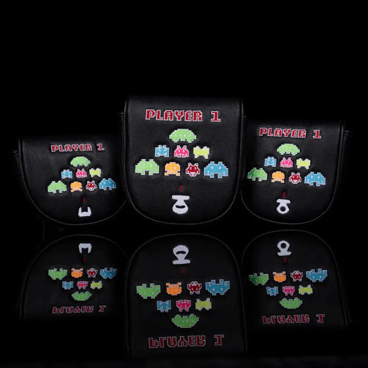 LAB Golf Player One Headcover set featuring retro arcade graphics and 'Player 1' text, designed for various golf club sizes.