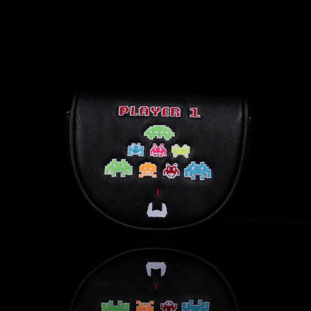 Front view of LAB Golf Player One Headcover with colorful pixel alien design and 'Player 1' text in red arcade font.
