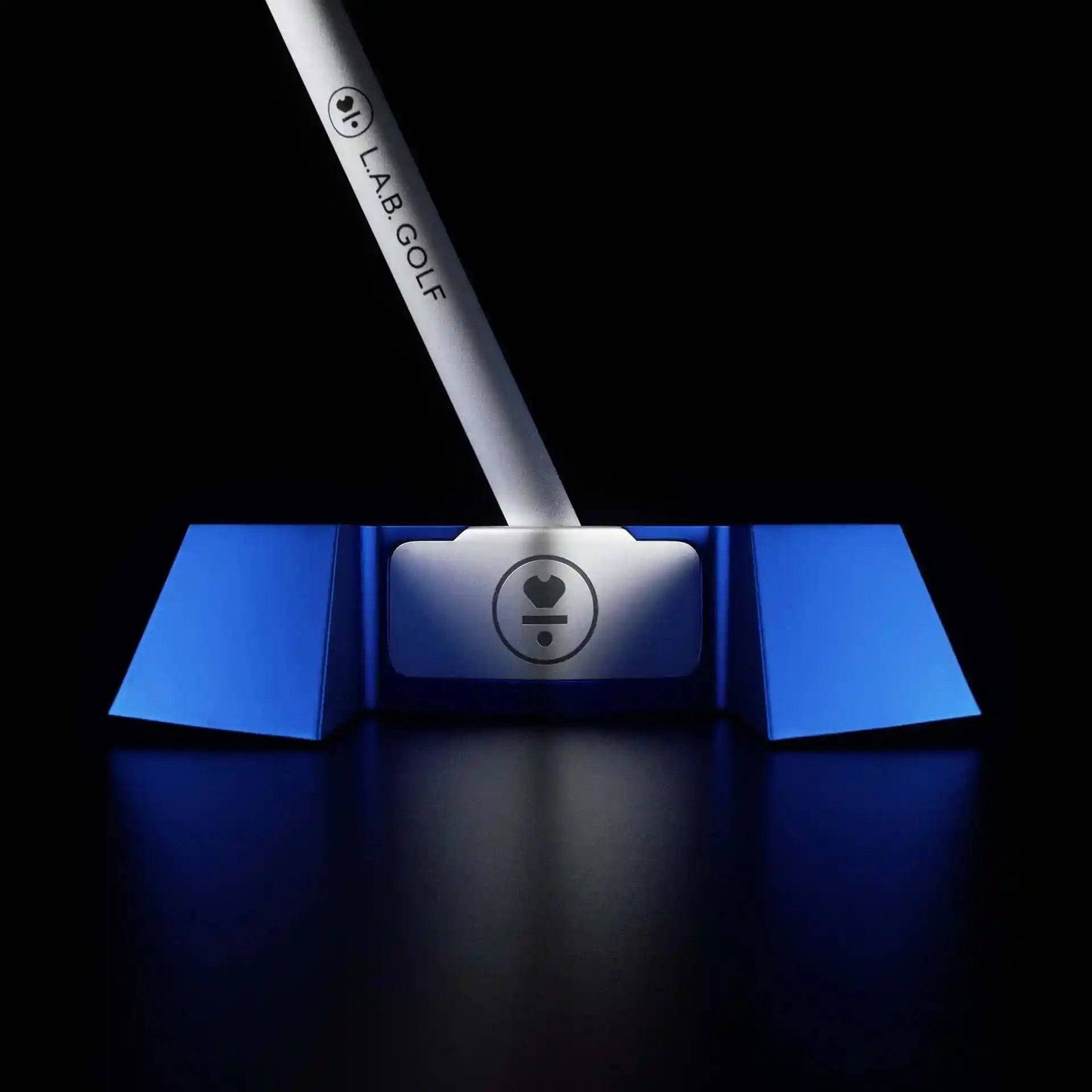 LAB Golf MEZZ.1 Max Broomstick Putter with white shaft and blue head, highlighting modern design and custom shaft integration.