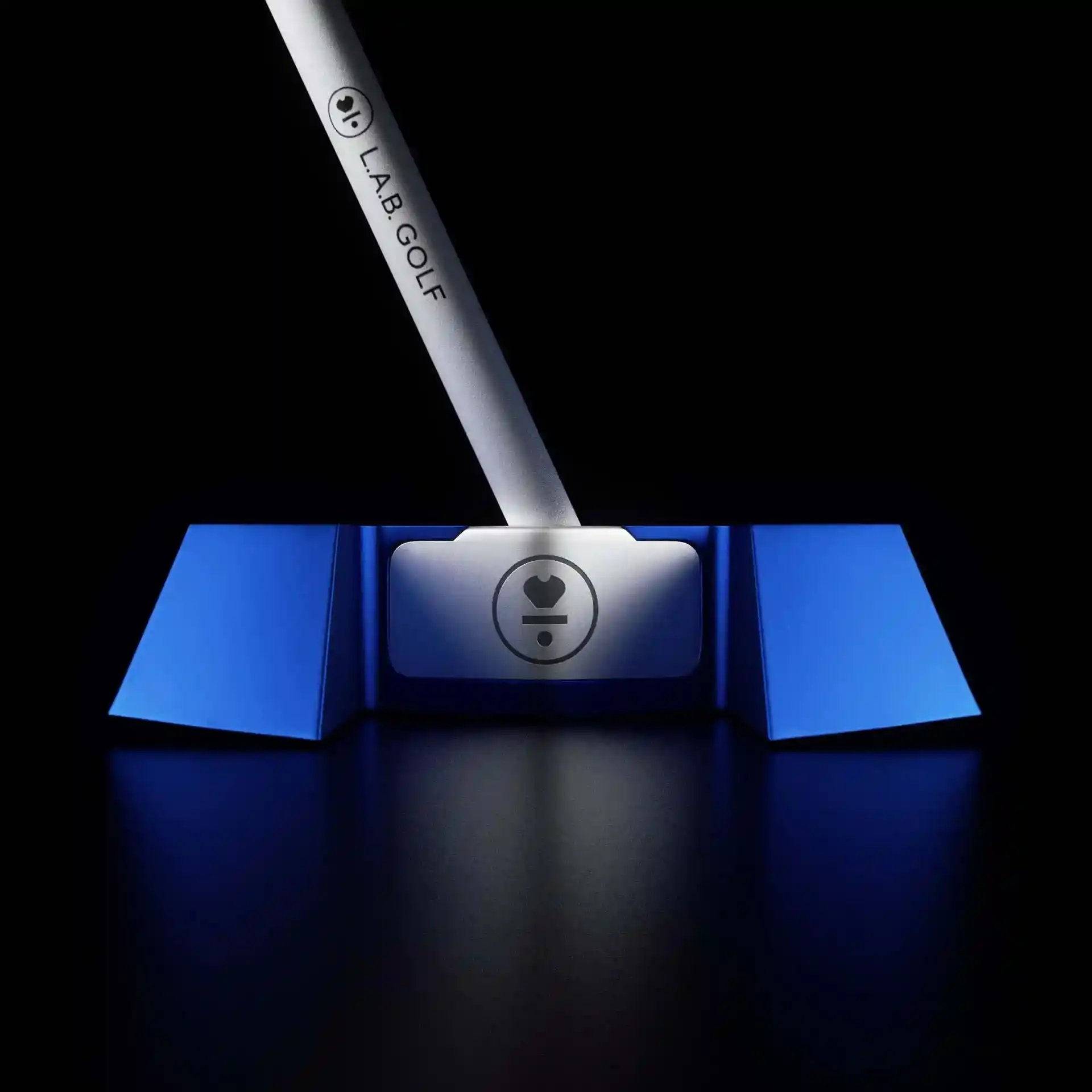 LAB Golf MEZZ.1 Max Broomstick Putter with white shaft and blue head, highlighting modern design and custom shaft integration.
