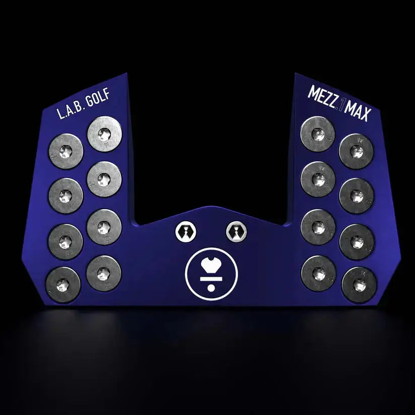 Blue LAB MEZZ.1 Max Stock Broomstick Putter head featuring multiple weight screws and precision-milled design for enhanced stability.