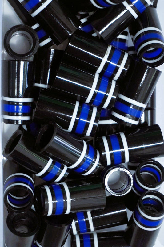 Custom Golf Ferrule Blue/White/Black featuring glossy black finish with blue and white stripes. Ideal for customizing golf clubs with a sleek look.