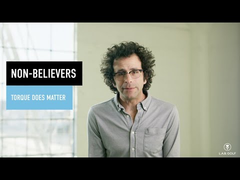 LAB Golf promotional video thumbnail featuring man with 'Torque Does Matter' message, emphasizing putter technology benefits.