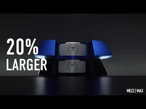 LAB Golf MEZZ.1 Max Putter in blue finish with text '20% Larger', highlighting its oversized mallet head for maximum forgiveness and stability.