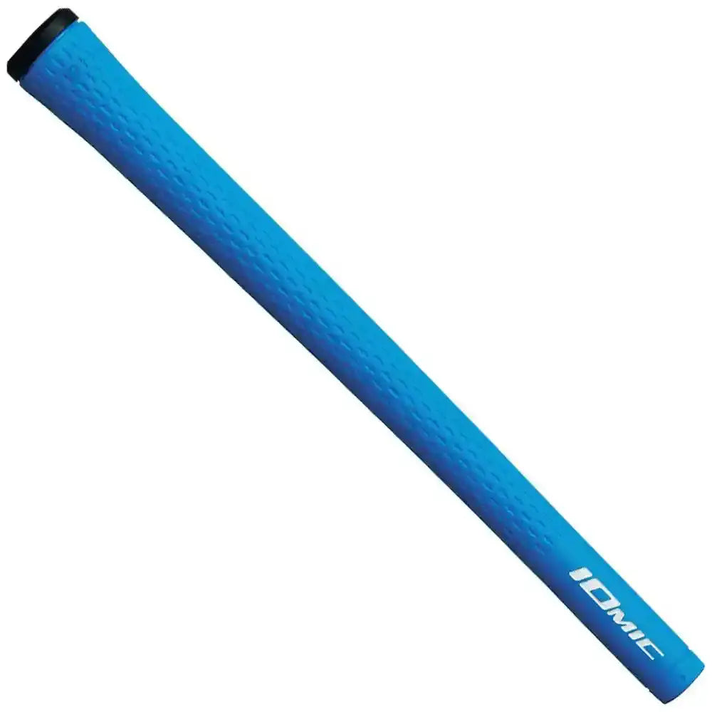 Iomic Sticky 1.8 blue golf grip designed for outdoor recreation, offering a non-slip texture and premium feel for golf club upgrades.