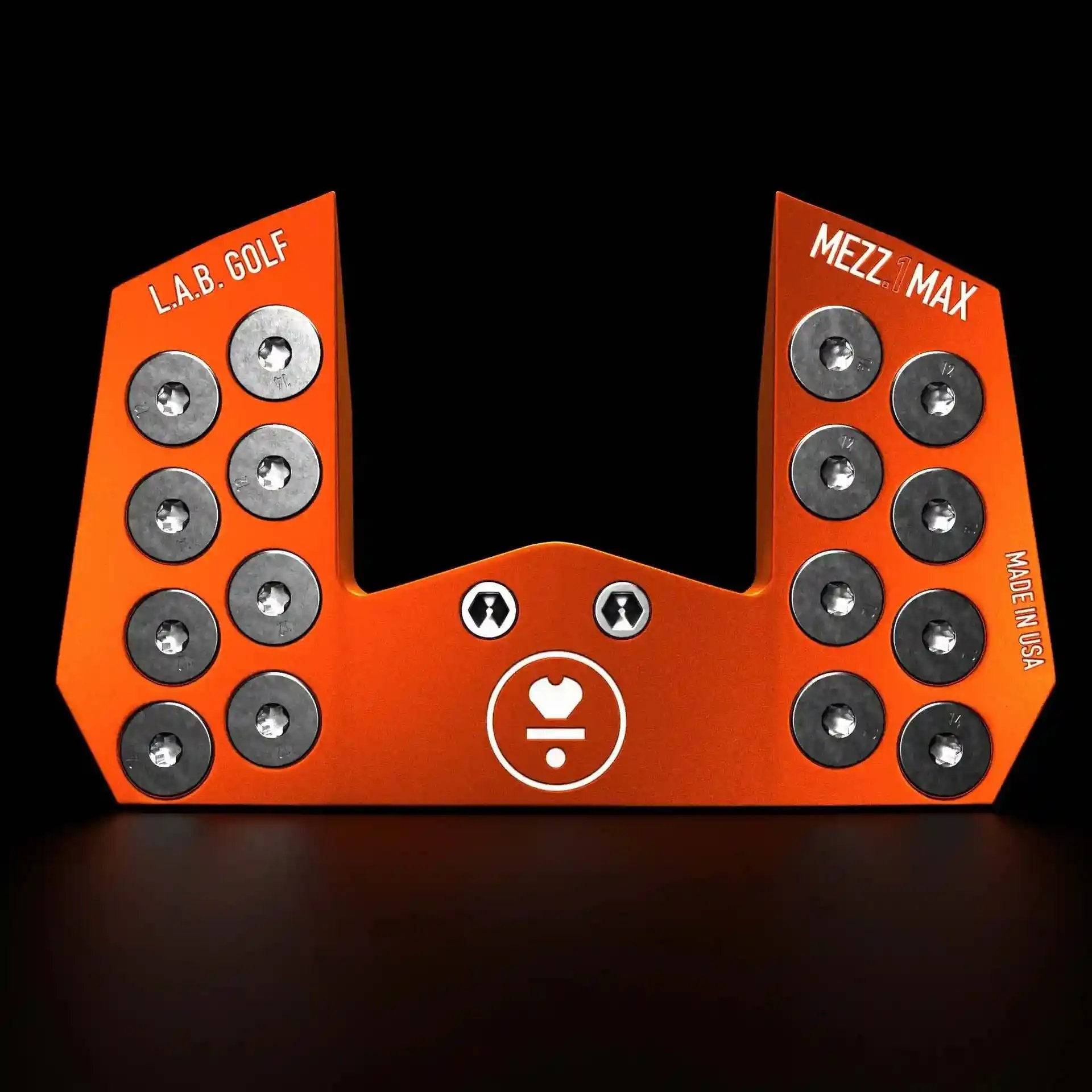 Orange LAB Golf MEZZ.1 Max Broomstick Putter head with precision weight screws, ideal for golfers seeking bold style and performance.