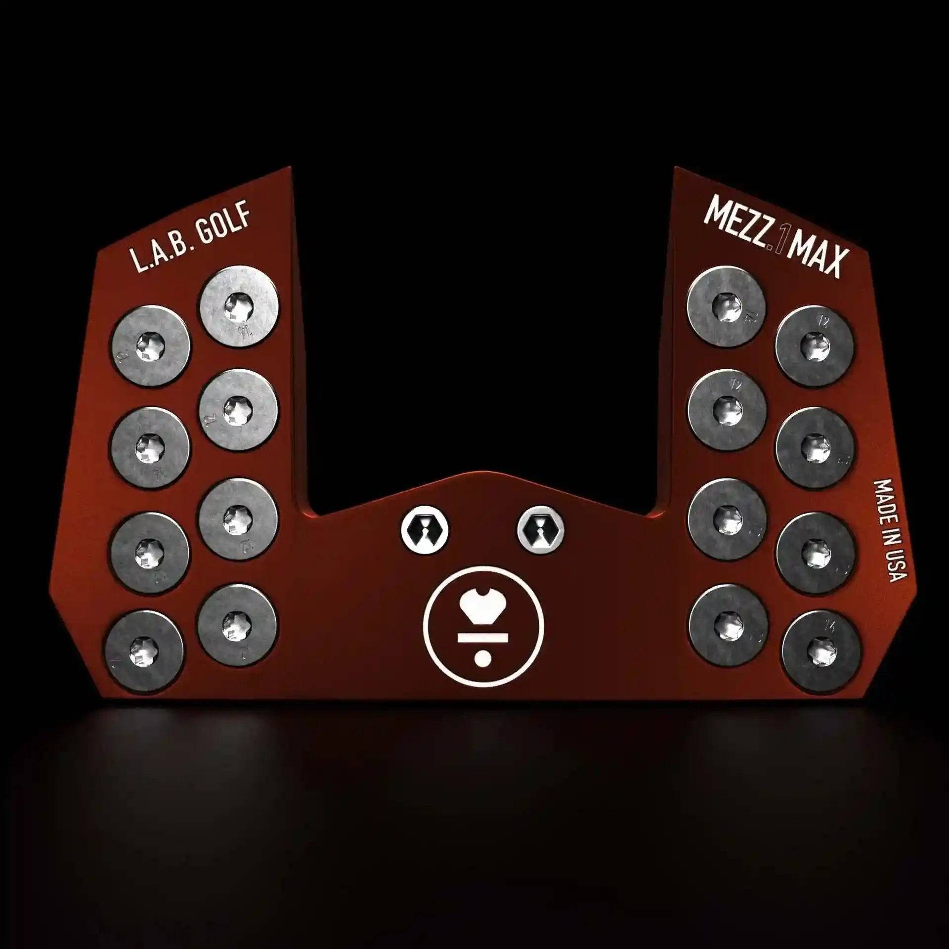 Red LAB Golf MEZZ.1 Max Broomstick Putter head with multiple weight screws for enhanced balance and custom fitting.