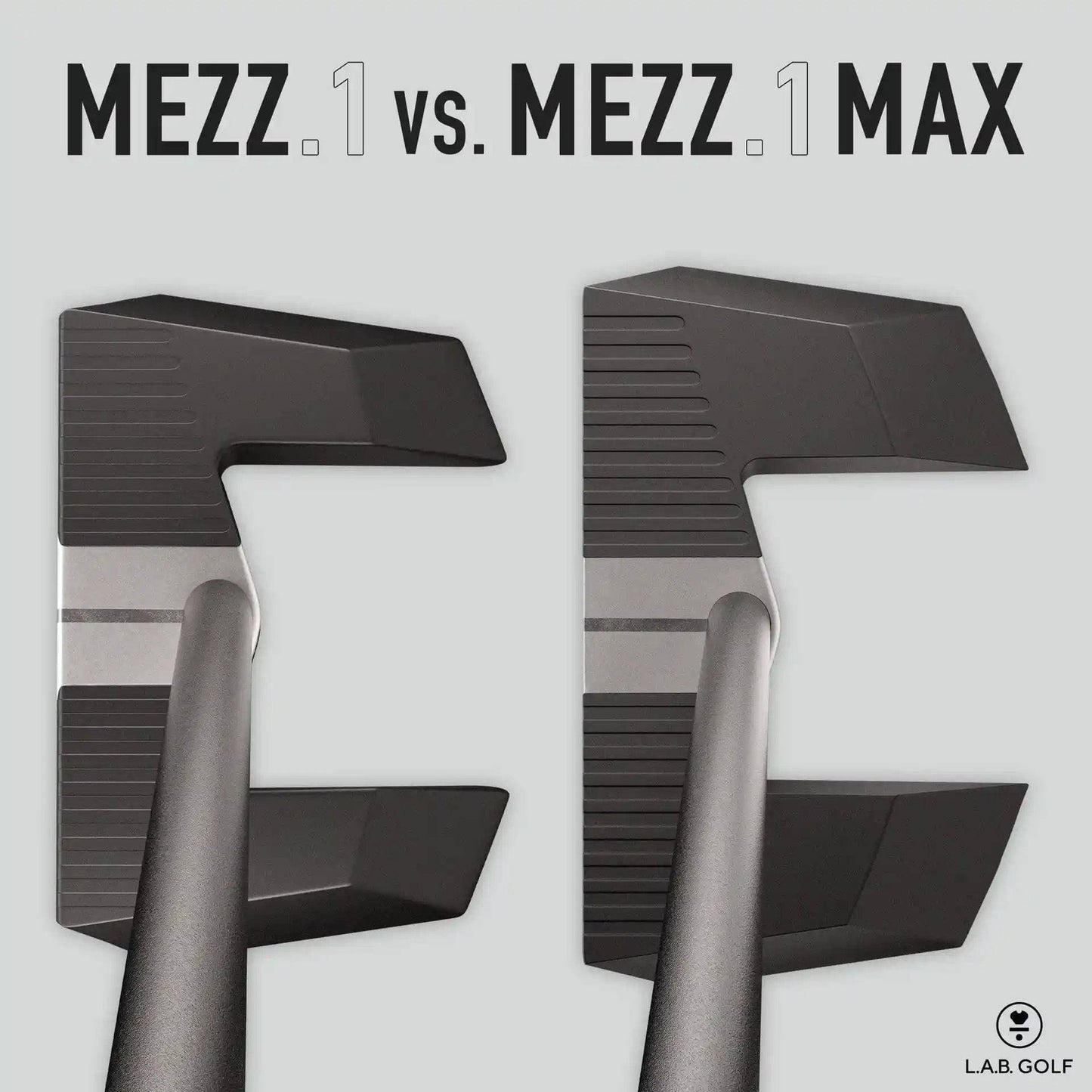 Top comparison of MEZZ.1 vs. MEZZ.1 Max Putters showing size difference and alignment features for improved forgiveness and control.