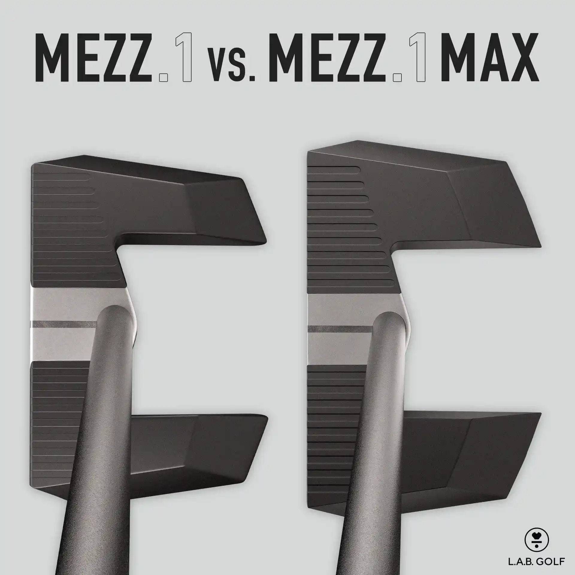 Top comparison of MEZZ.1 vs. MEZZ.1 Max Putters showing size difference and alignment features for improved forgiveness and control.